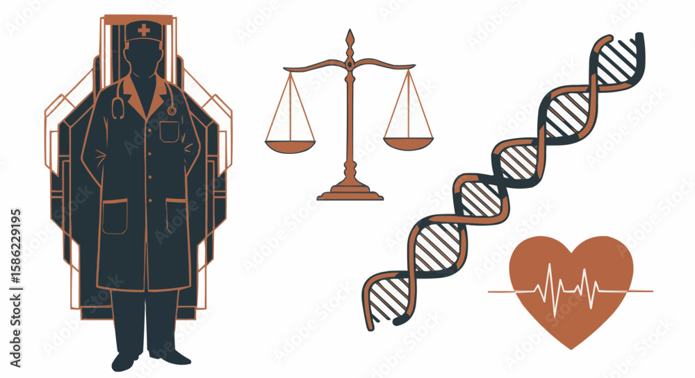 Naklejka premium Medical-themed illustration featuring various health and legal symbols