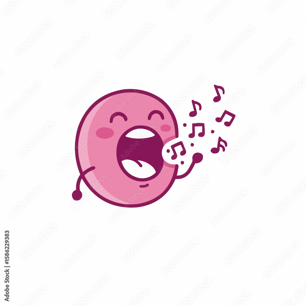 Fototapeta premium A cheerful pink donut character singing musical notes with a happy expression.