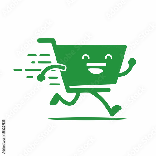 A cheerful, cartoon shopping cart character is running fast, signifying speedy delivery or online shopping.