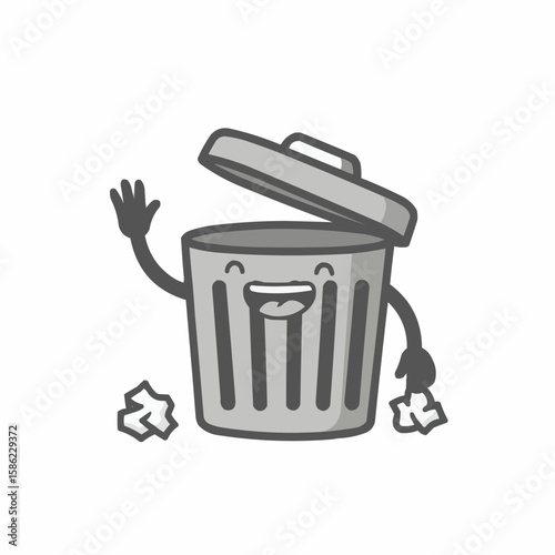 Cartoon trash can with a happy expression, waving and holding discarded paper.