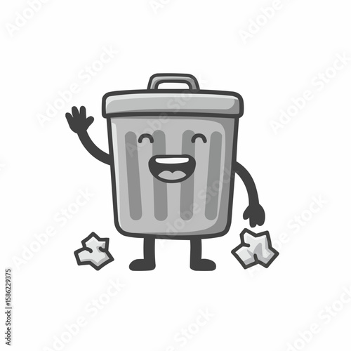 A cheerful cartoon trash can character waves with crumpled paper at its feet.