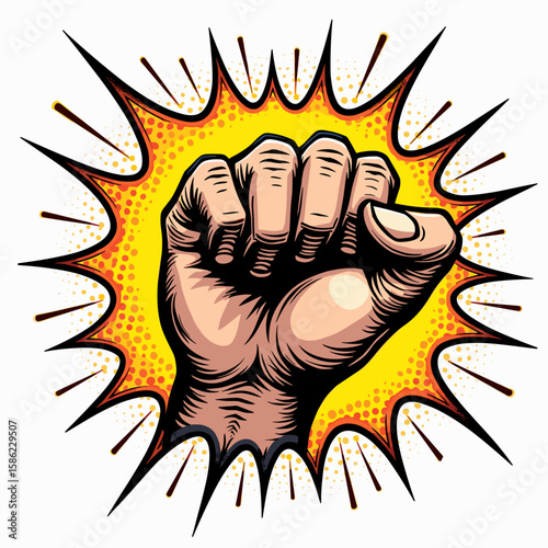Raised fist illustration, symbol of power, vibrant colors, dynamic design, copy space