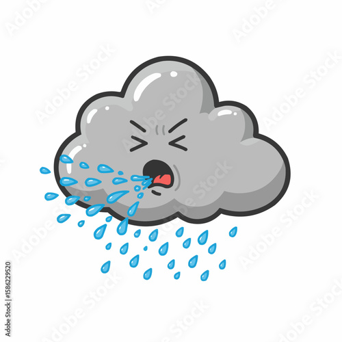 Cartoon cloud sneezing out raindrops with an angry facial expression on a white background.