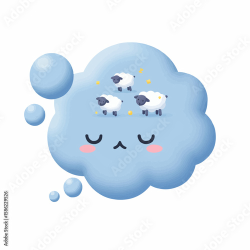 Cute light blue thought bubble with sheep, conveying a feeling of wanting to sleep.