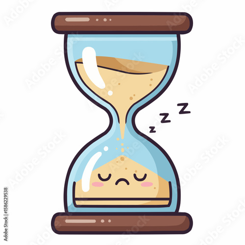 A sleepy, cartoon hourglass slowly trickles sand, showcasing the passage of time with a cute, melancholic expression.