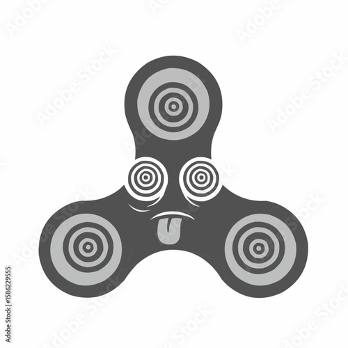 A gray fidget spinner with a cartoon face, spiral eyes, and tongue sticking out.