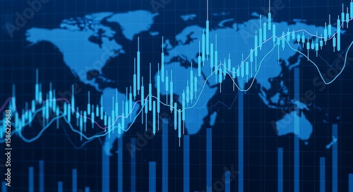 An abstract blue stock market chart overlaying a world map depicts global finance and investment trends