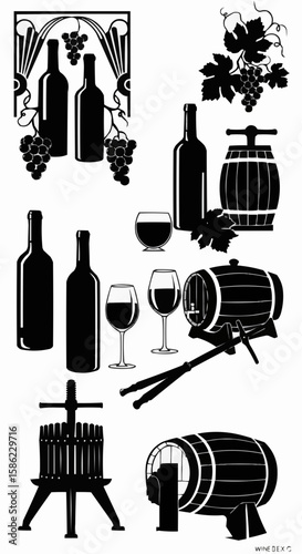 Various wine icons include a wine bottle, grape, and wine glass in black and white