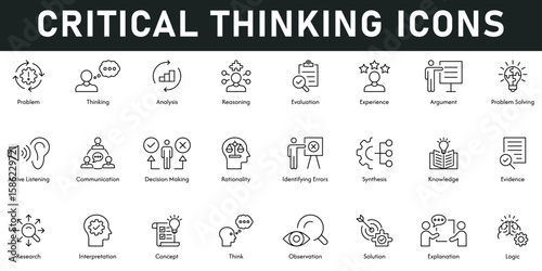 Critical Thinking Icons vector illustration with thin line editable stroke containing analysis, reasoning, evaluation, experience, argument, problem solving, evidence, communication, solution