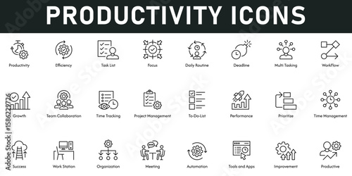 Productivity Icons vector illustration with thin line editable stroke containing efficiency, task list, deadline, multitasking, workflow, growth, team collaboration, time tracking, project management