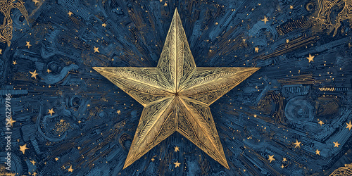 Vintage-style hand-drawn Christmas star composed of golden neural circuits, starry night background, rich navy and warm amber palette, etched illustration style, paper texture, old-school sci-fi holid