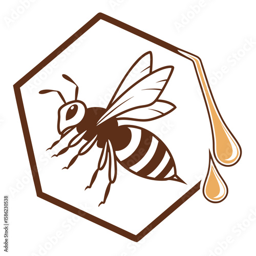 Illustrative Honey Bee Emblem with Droplets of Golden Nectar Flowing
