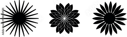 Vector art collection of three simple black and white flower and starburst designs