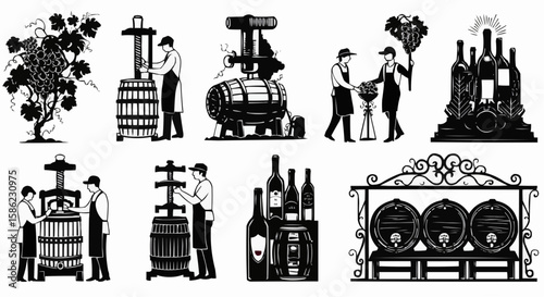 Vintage collection of wine production, black and white illustration. 