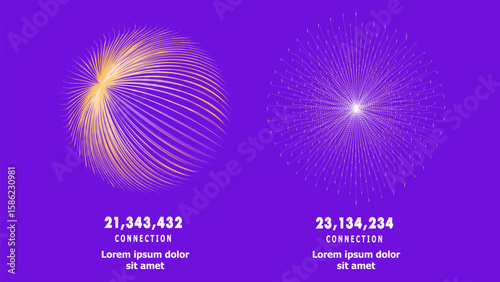 The AI Big Data visualization displays two connected network spheres: the left is dynamic orange, the right is radially structured purple. Each visually represents millions of data connections.