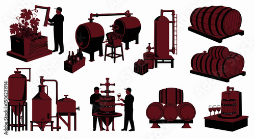 Illustrative of various stages and components of winemaking processes.