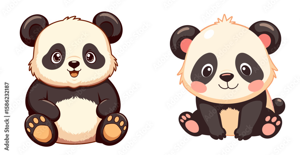 Fototapeta premium Cartoon stuffed panda characters in pastel colors on isolated background 