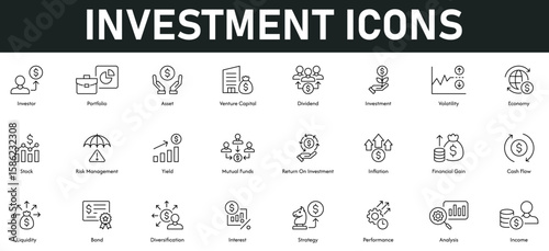 Investment Icons vector illustration with thin line editable stroke containing portfolio, asset, dividend, volatility, economy, stock, risk management, mutual funds, ROI, inflation, cash flow, bond