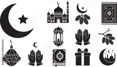 Collection of islamic symbols and cultural elements for ramadan and eid celebrations