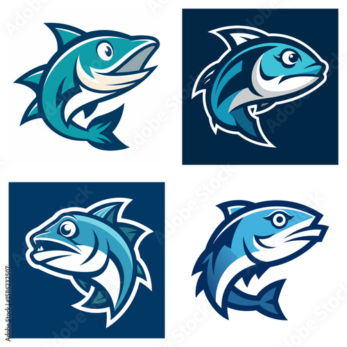 Collection of four stylized fish illustrations in shades of blue and white on varied backgrounds