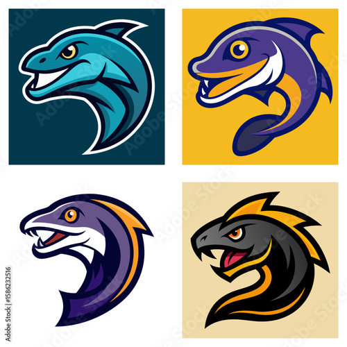 Collection of four stylized eel head logos in various color schemes and design styles shown together