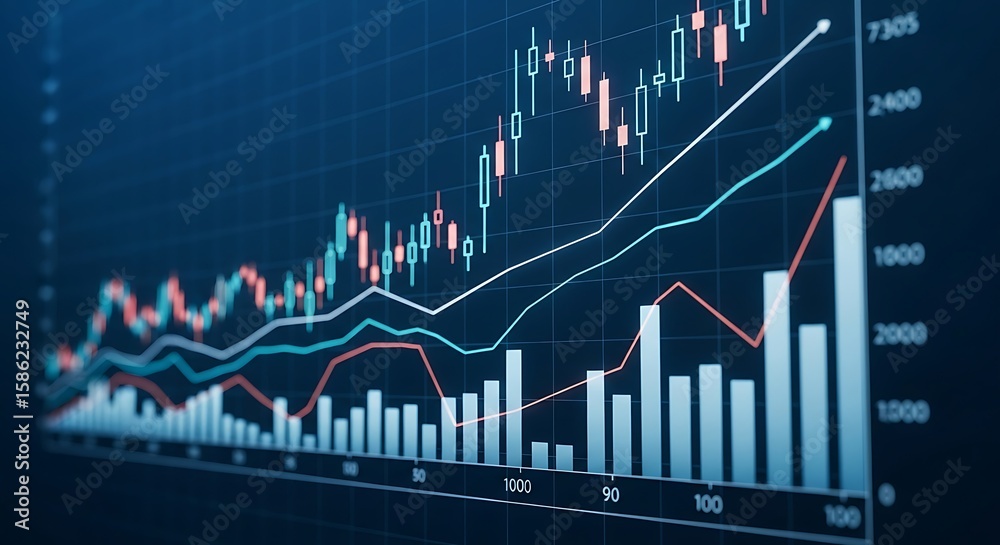 Naklejka premium A dynamic stock market graph displays fluctuating data, representing business trends and financial analysis