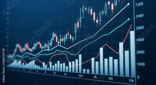 A dynamic stock market graph displays fluctuating data, representing business trends and financial analysis
