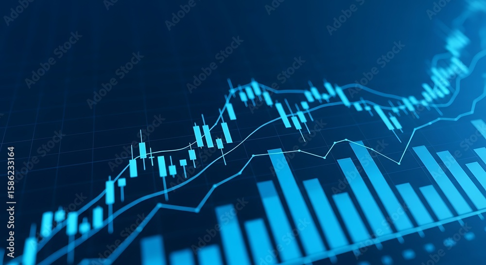 Naklejka premium A blue stock market chart displays financial data and economic trends, illustrating investment opportunities and business analysis
