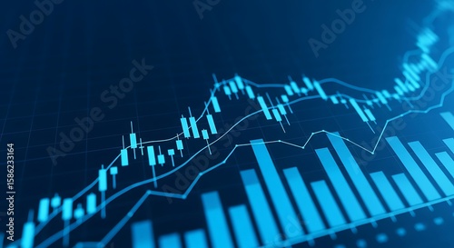 A blue stock market chart displays financial data and economic trends, illustrating investment opportunities and business analysis