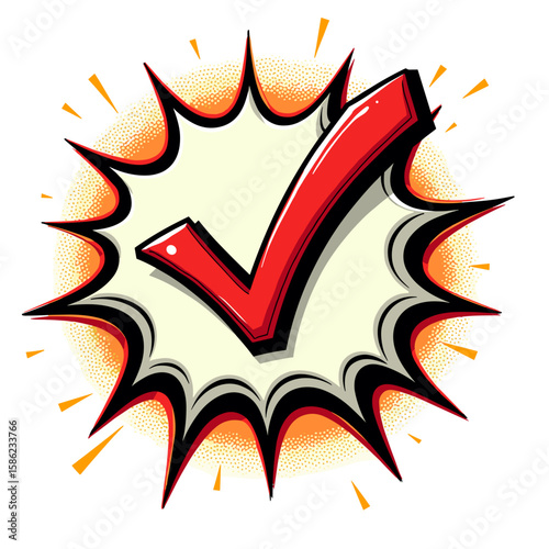 Check mark illustration, symbol of approval, vibrant colors, energetic design, copy space
