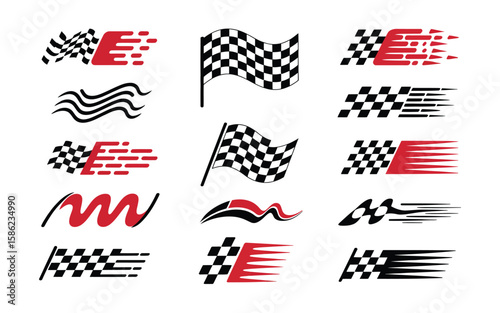 Racing Elements Pack with Iconic Black-White Checkered Flags, Finish Line Banners, Speed Lines, and Racing Typography Decals, Ideal for UI Design, Merchandise, and Print Materials.