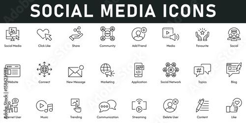 Social media Icons vector illustration with thin line editable stroke containing share, community, add friend, media, social, website, new message, marketing, social network, blog, communication, like