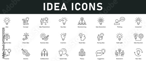 Idea Icons vector illustration with thin line editable stroke containing concept, key idea, brainstorming, idea generation, thinking, innovation, creativity, business, idea, invention, execution