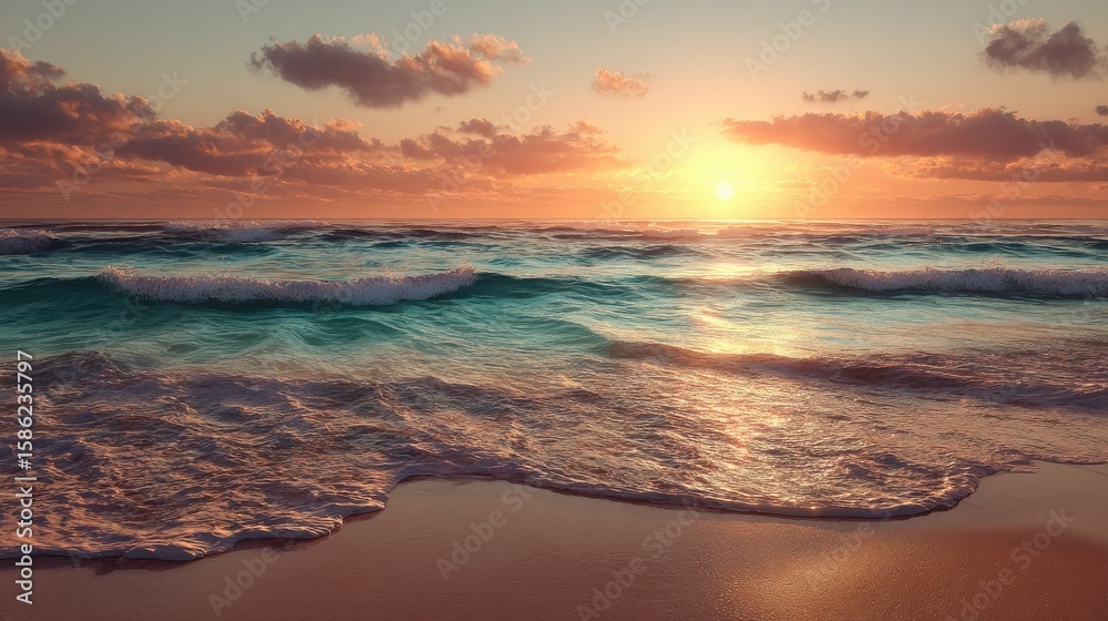Fototapeta premium Tropical beach sunset with turquoise waves ocean sand