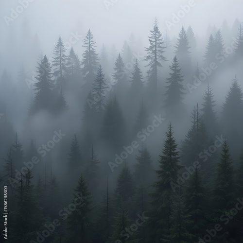 misty morning fog in the pine forest
