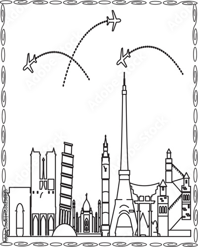 Paris City Tour Cityscape Skyline Line Outline Illustration.Paris City Coloring Page For Kids And Adults.