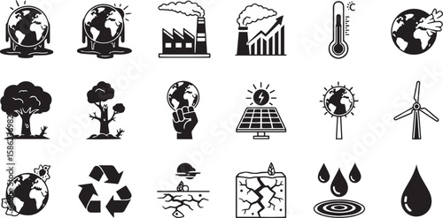 Collection of environmental protection and climate change icons in black and white