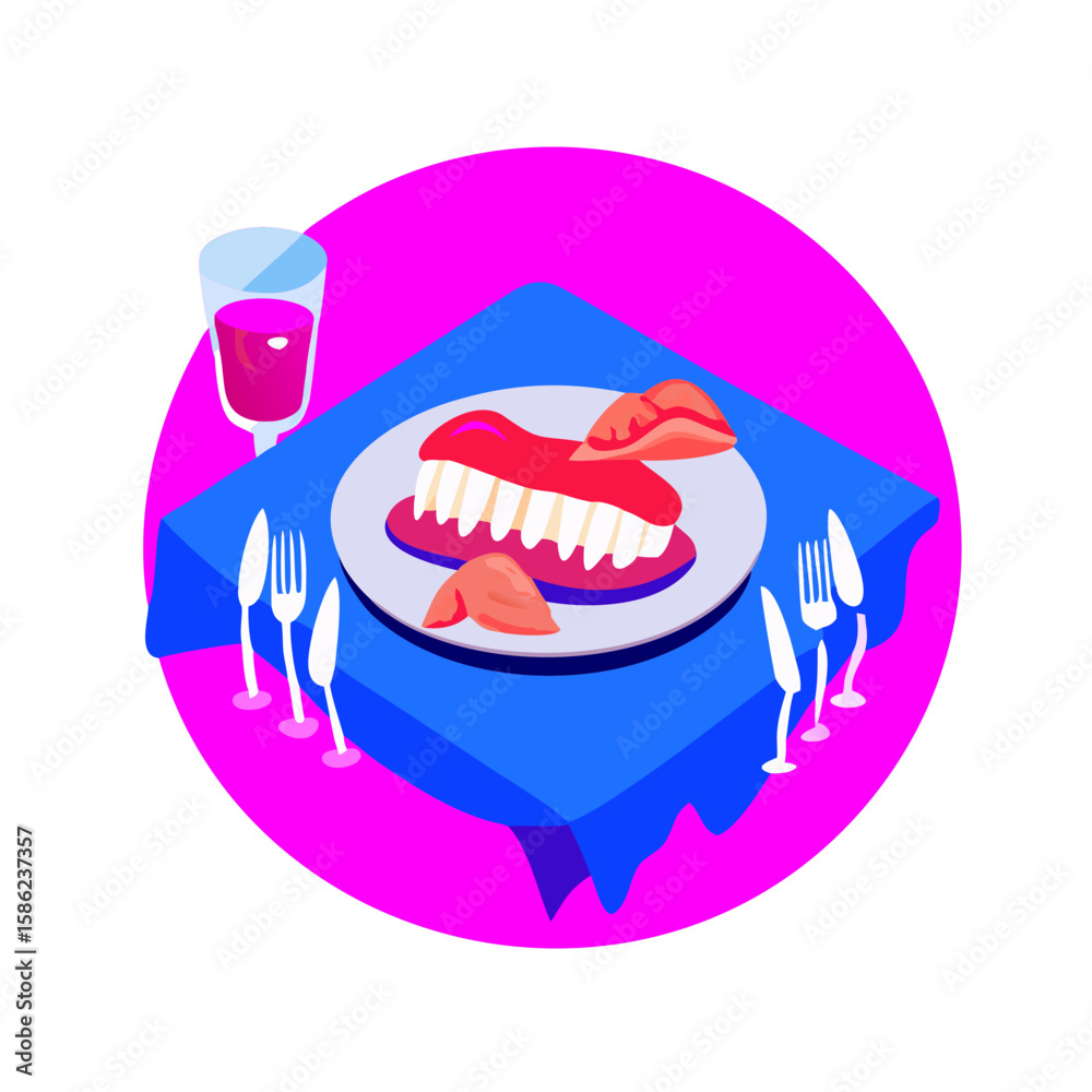 Surreal dinner scene with lips and teeth on plate in neon colors Surreal dinner scene with lips and teeth on plate in neon colors