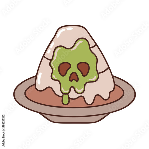 Halloween pudding dessert with green skull-shaped slime on plate