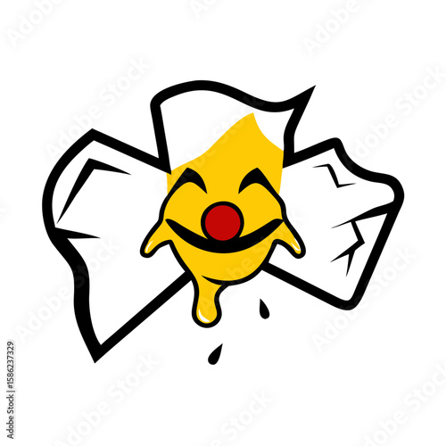 Creepy yellow clown mask with red nose on black background