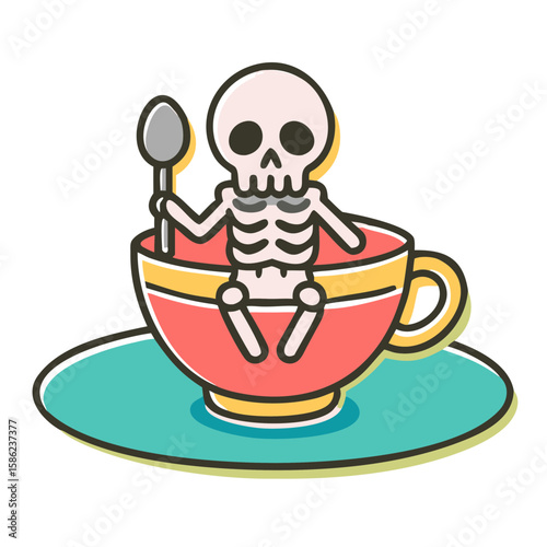 Cartoon skeleton sitting in teacup with spoon on saucer