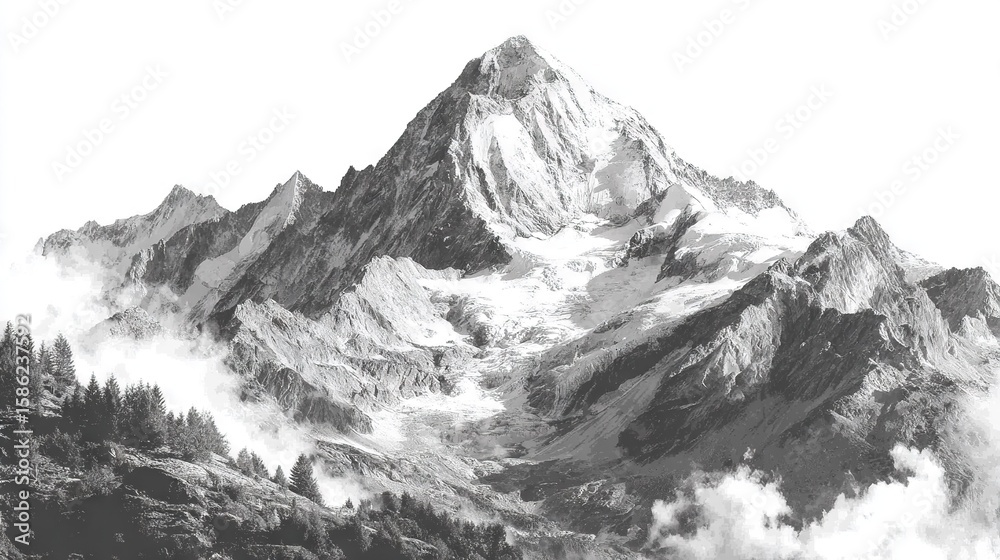 Obraz premium Black & white mountain photo with clouds in the foreground and trees in the background