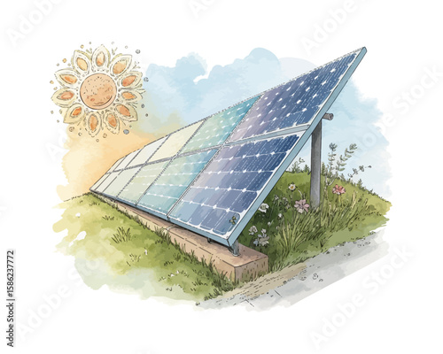 watercolor solar panel vector illustration isolated on white background