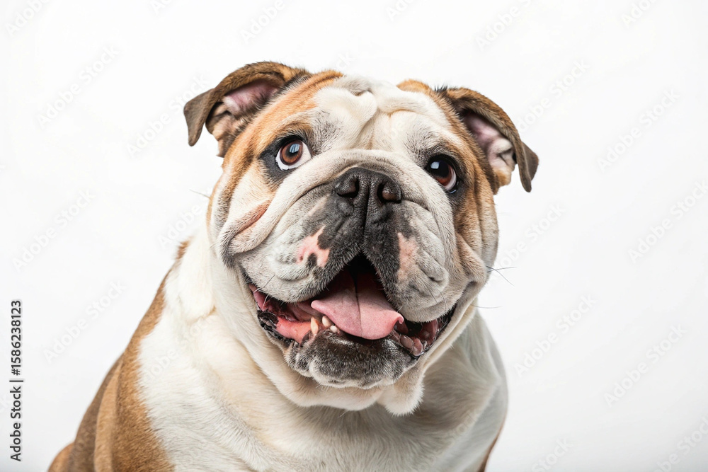 Fototapeta premium Studio portrait of a smiling English Bulldog with wrinkled face and tongue out on white background, close-up view of a happy and relaxed dog