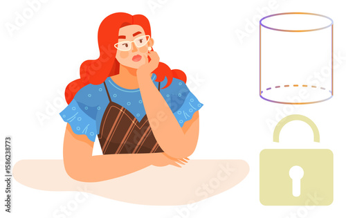 Woman resting on a table, lost in thought, paired with a cylinder and lock. Ideal for creativity, problem-solving, brainstorming, security, digital privacy reflection and innovation. Simple flat