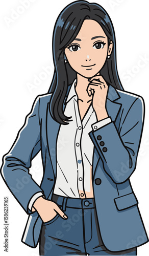 落ち着いた大人の女性：スマートカジュアル、アニメ風フラットデザインイラスト