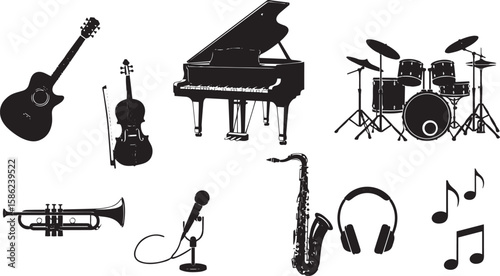 Collection of silhouetted musical instruments on a white background