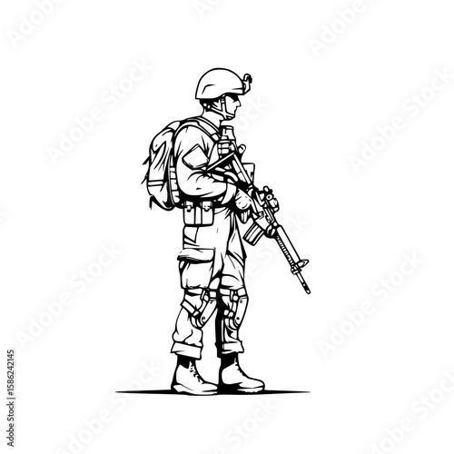 Soldier on guard, alert expression, standing with rifle and gear, sketch style, copy space