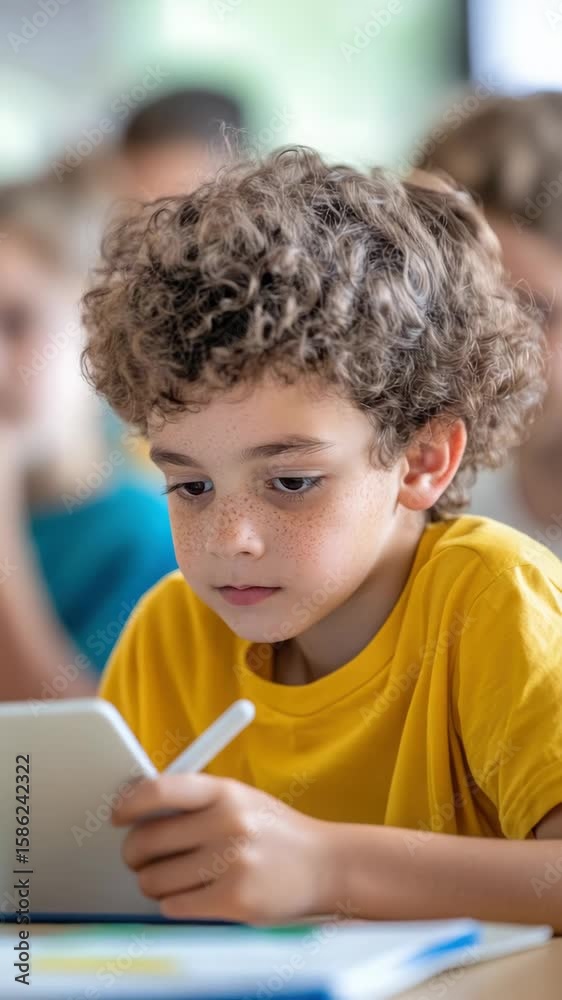 Curious child engages with tablet in classroom setting capturing different emotions Curious child engages with tablet in classroom setting capturing different emotions