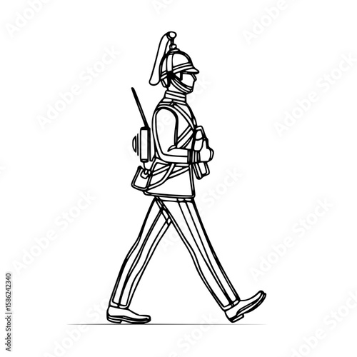 Ceremonial soldier marching, proud expression, carrying rifle in uniform, sketch style, copy space